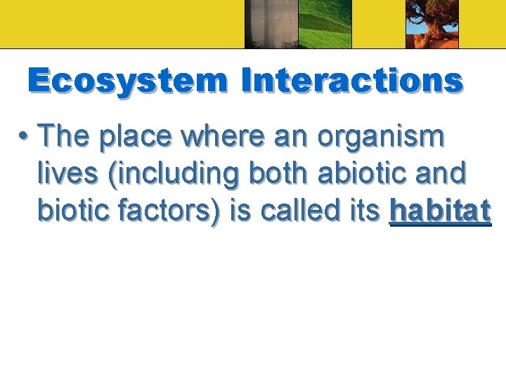 Ecosystem Interactions • The place where an organism lives (including both abiotic and biotic