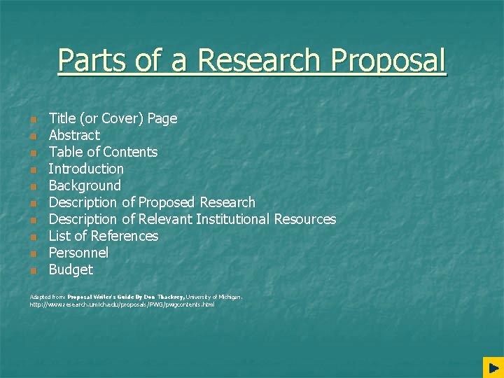 Parts of a Research Proposal n n n n n Title (or Cover) Page