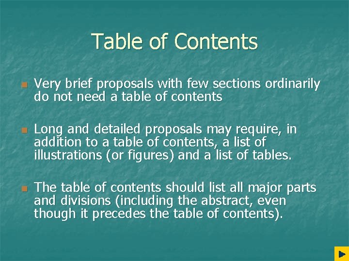 Table of Contents n n n Very brief proposals with few sections ordinarily do