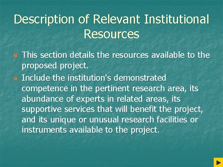 Description of Relevant Institutional Resources n n This section details the resources available to