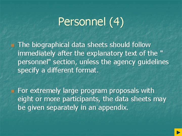 Personnel (4) n n The biographical data sheets should follow immediately after the explanatory