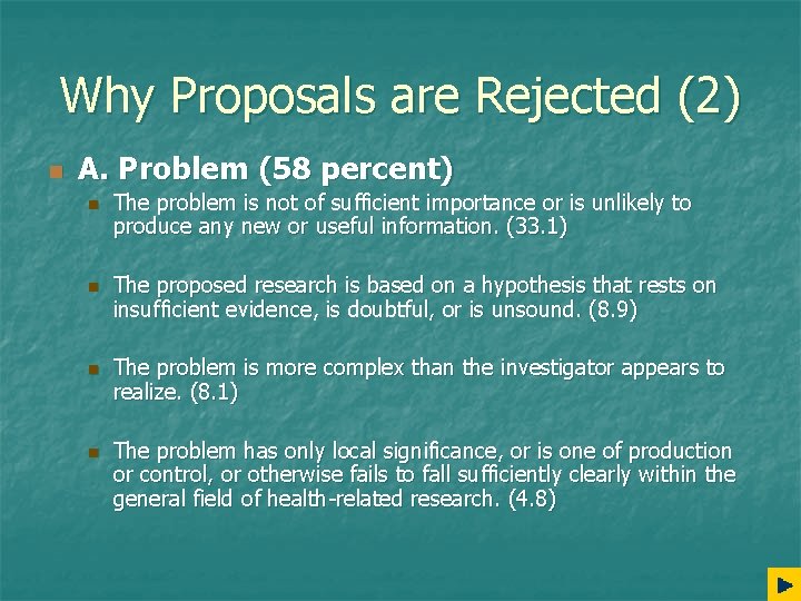 Why Proposals are Rejected (2) n A. Problem (58 percent) n n The problem