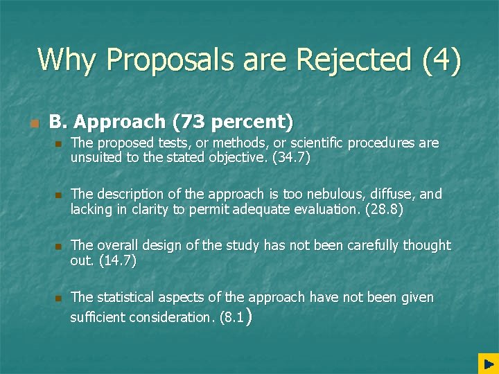 Why Proposals are Rejected (4) n B. Approach (73 percent) n n The proposed