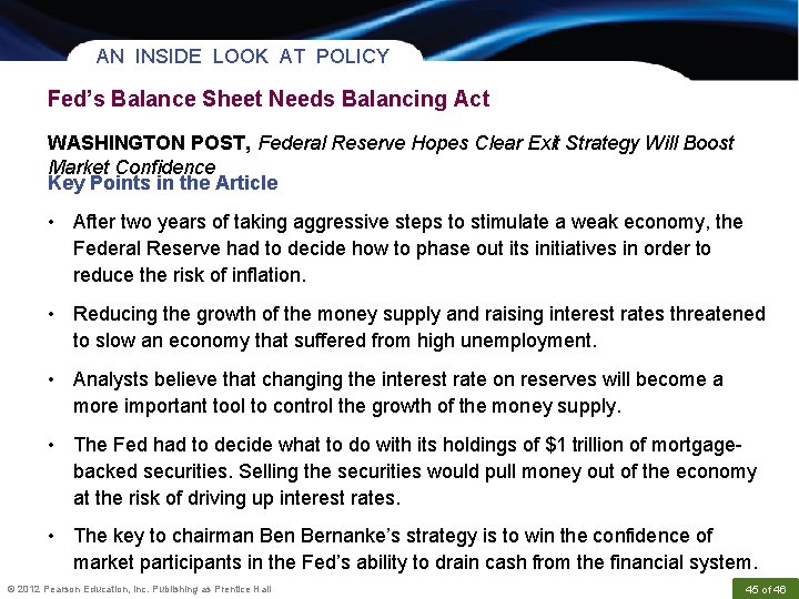 AN INSIDE LOOK AT POLICY Fed’s Balance Sheet Needs Balancing Act WASHINGTON POST, Federal