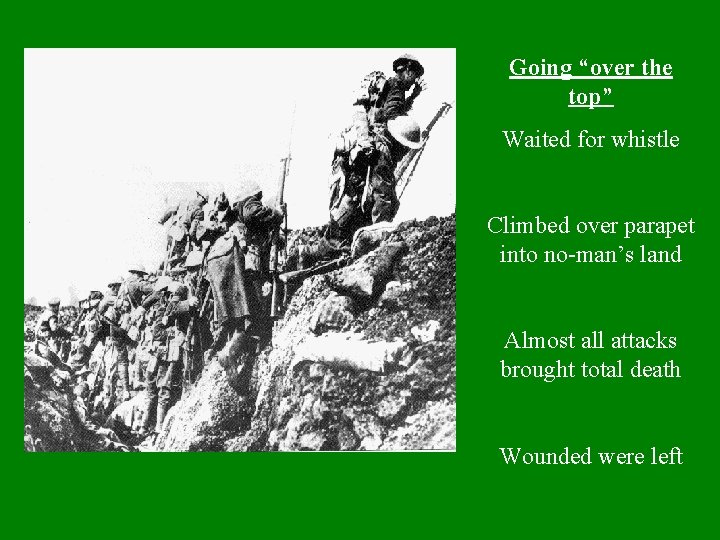 Going “over the top” Waited for whistle Climbed over parapet into no-man’s land Almost