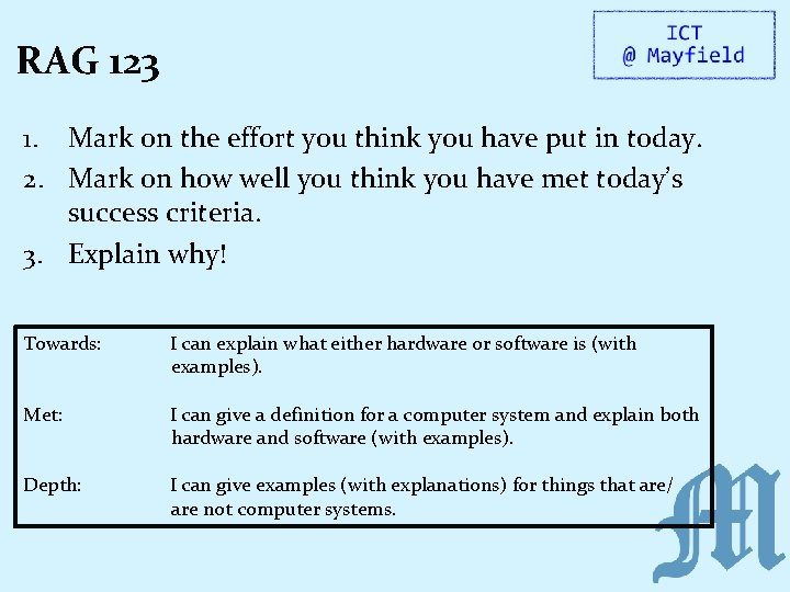 RAG 123 1. Mark on the effort you think you have put in today.