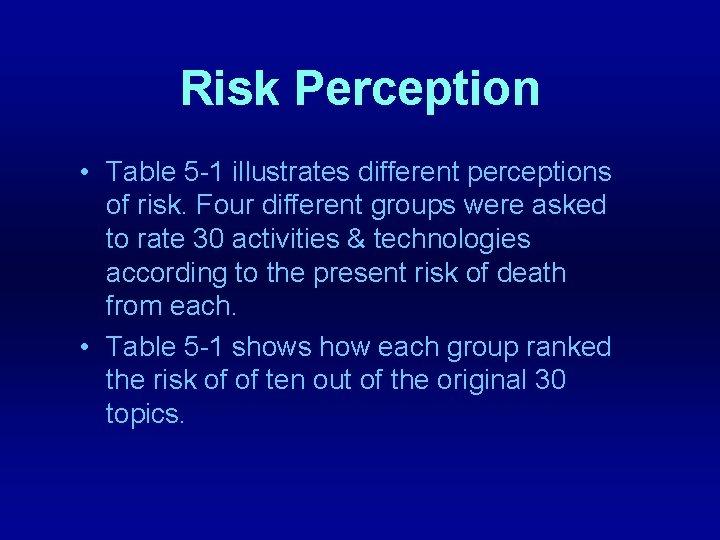 Risk Perception • Table 5 -1 illustrates different perceptions of risk. Four different groups