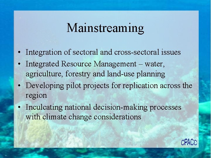 Mainstreaming • Integration of sectoral and cross-sectoral issues • Integrated Resource Management – water,