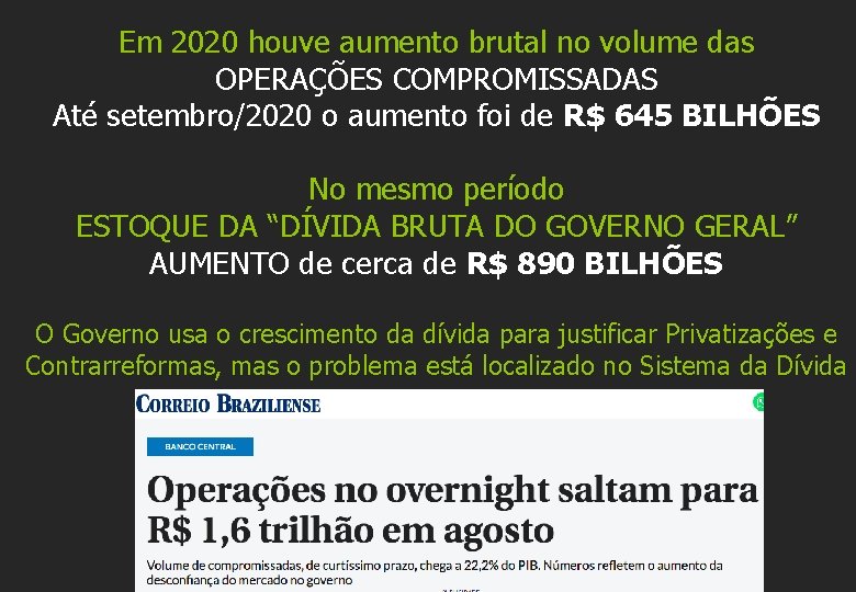 Em 2020 houve aumento brutal no volume das OPERAÇÕES COMPROMISSADAS Até setembro/2020 o aumento