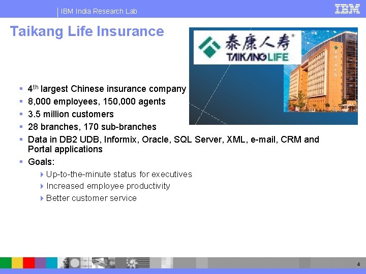 IBM India Research Lab Taikang Life Insurance Background § 4 th largest Chinese insurance