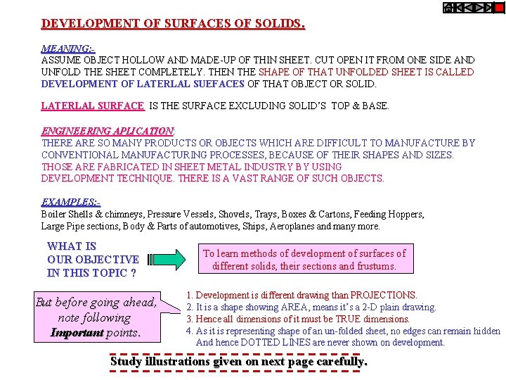 DEVELOPMENT OF SURFACES OF SOLIDS. MEANING: ASSUME OBJECT HOLLOW AND MADE-UP OF THIN SHEET.