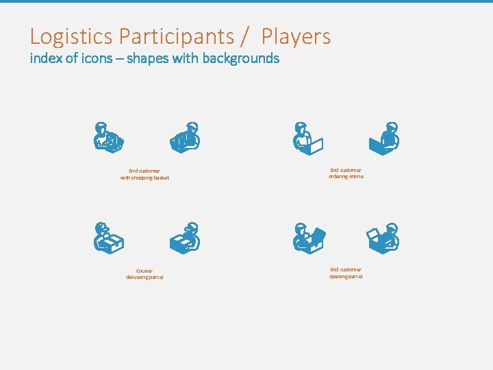 Logistics Participants / Players index of icons – shapes with backgrounds End customer with