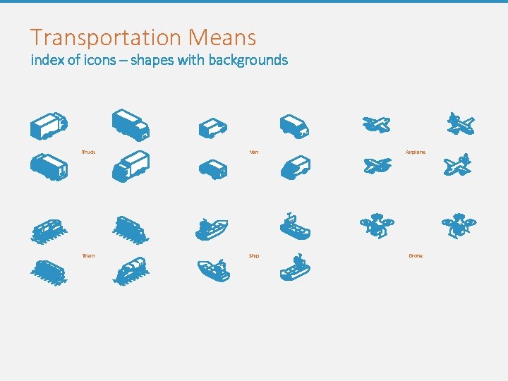 Transportation Means index of icons – shapes with backgrounds Truck Van Airplane Train Ship