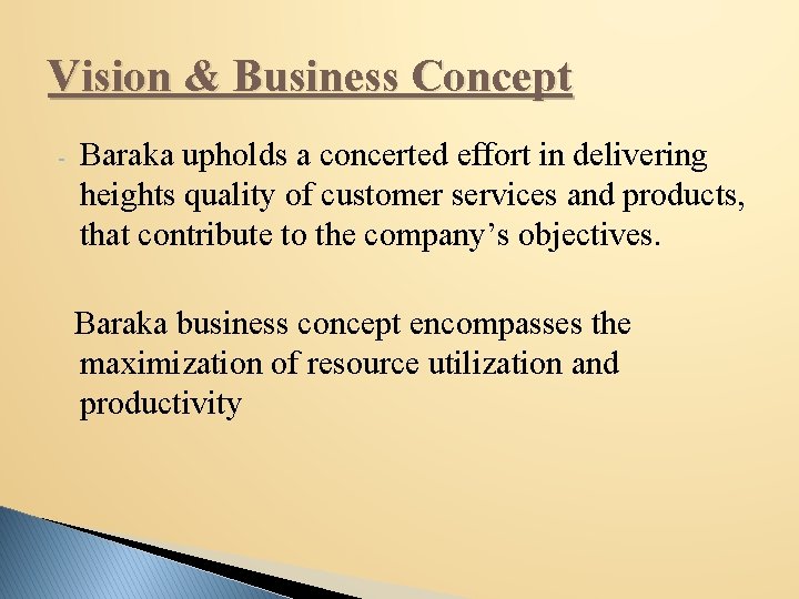 Vision & Business Concept - Baraka upholds a concerted effort in delivering heights quality
