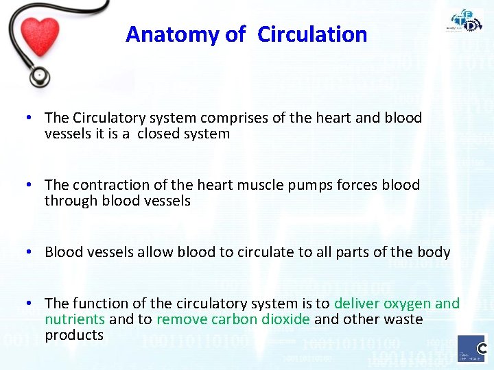 Anatomy of Circulation • The Circulatory system comprises of the heart and blood vessels