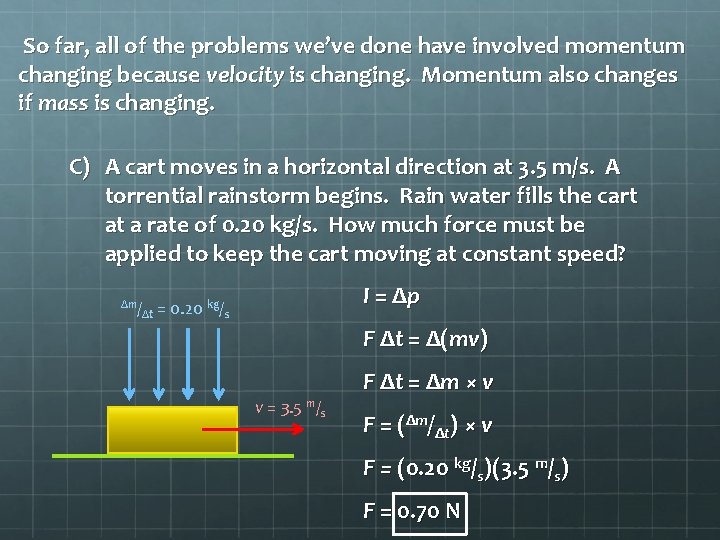 So far, all of the problems we’ve done have involved momentum changing because velocity