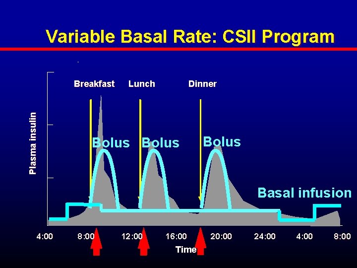 Variable Basal Rate: CSII Program Plasma insulin Breakfast Lunch Dinner Bolus Basal infusion 4: