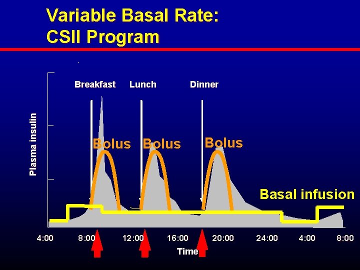 Variable Basal Rate: CSII Program Plasma insulin Breakfast Lunch Dinner Bolus Basal infusion 4: