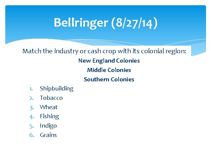 Bellringer (8/27/14) Match the industry or cash crop with its colonial region: New England
