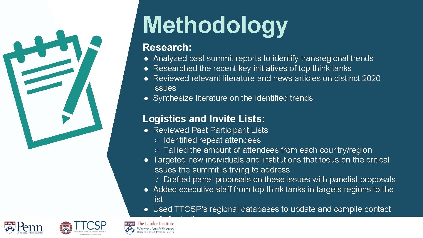 Methodology Research: ● Analyzed past summit reports to identify transregional trends ● Researched the Methodology Research: ● Analyzed past summit reports to identify transregional trends ● Researched the