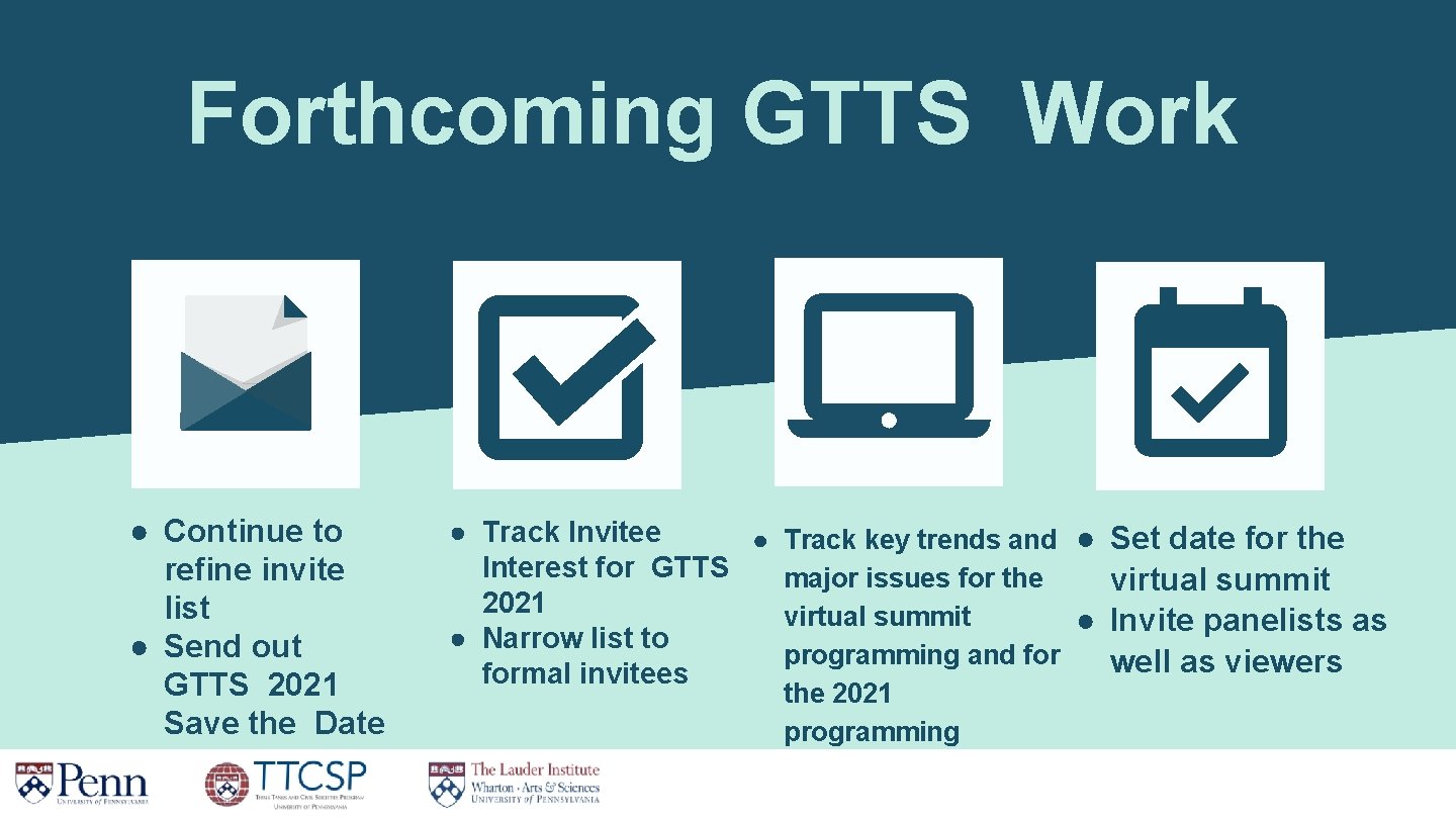 Forthcoming GTTS Work ● Continue to refine invite list ● Send out GTTS 2021 Forthcoming GTTS Work ● Continue to refine invite list ● Send out GTTS 2021