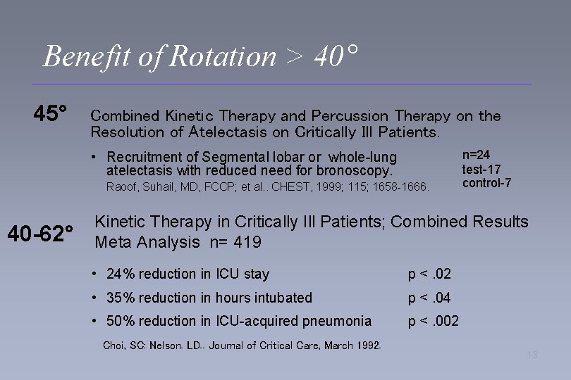 Benefit of Rotation > 40° 45° Combined Kinetic Therapy and Percussion Therapy on the