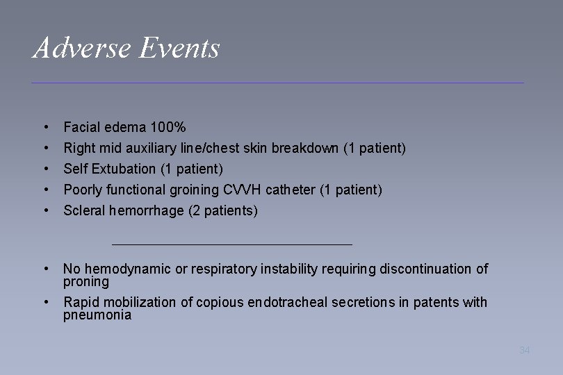Adverse Events • • • Facial edema 100% Right mid auxiliary line/chest skin breakdown