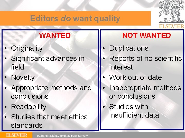 Editors do want quality WANTED • Originality • Significant advances in field • Novelty