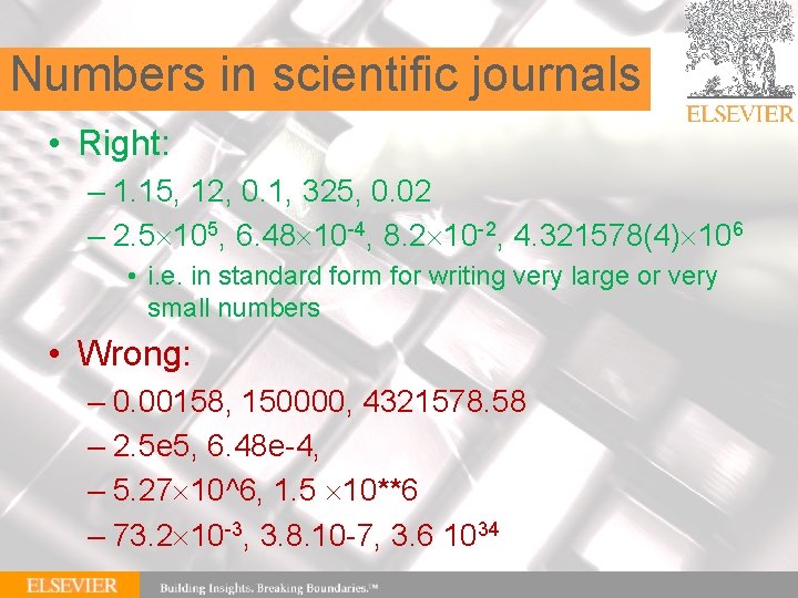 Numbers in scientific journals • Right: – 1. 15, 12, 0. 1, 325, 0.