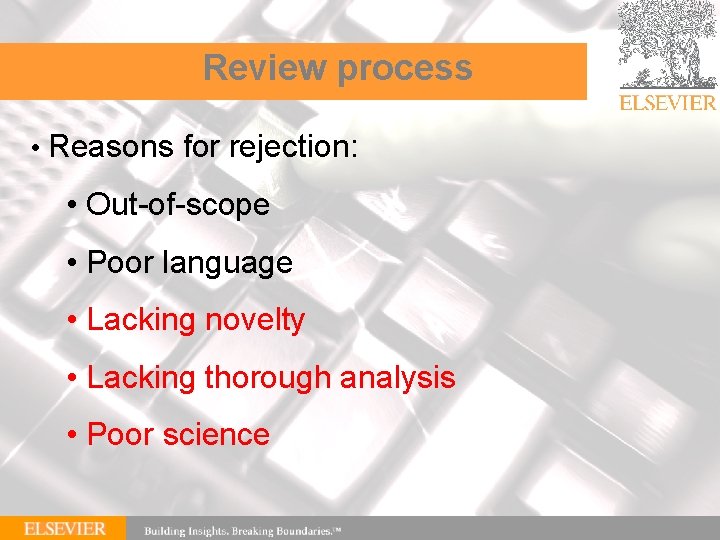 Review process • Reasons for rejection: • Out-of-scope • Poor language • Lacking novelty
