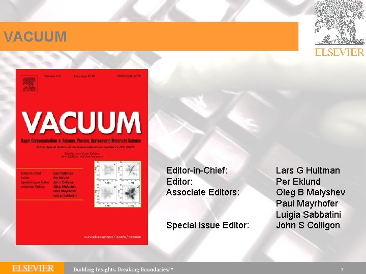 VACUUM Editor-in-Chief: Editor: Associate Editors: Special issue Editor: Lars G Hultman Per Eklund Oleg