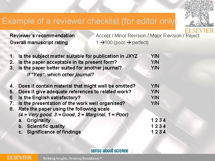 | 75 Example of a reviewer checklist (for editor only) Reviewer’s recommendation Overall manuscript