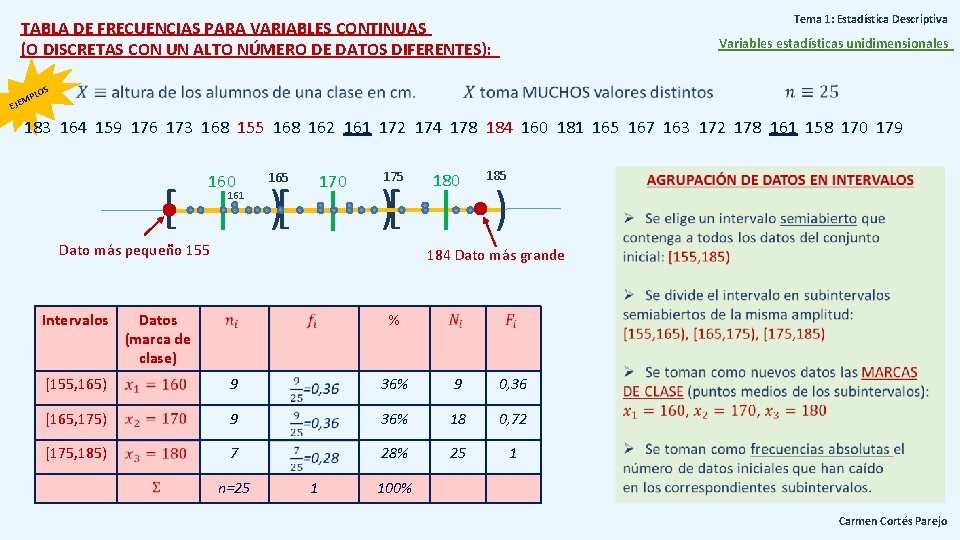 Tema 1: Estadística Descriptiva TABLA DE FRECUENCIAS PARA VARIABLES CONTINUAS (O DISCRETAS CON UN