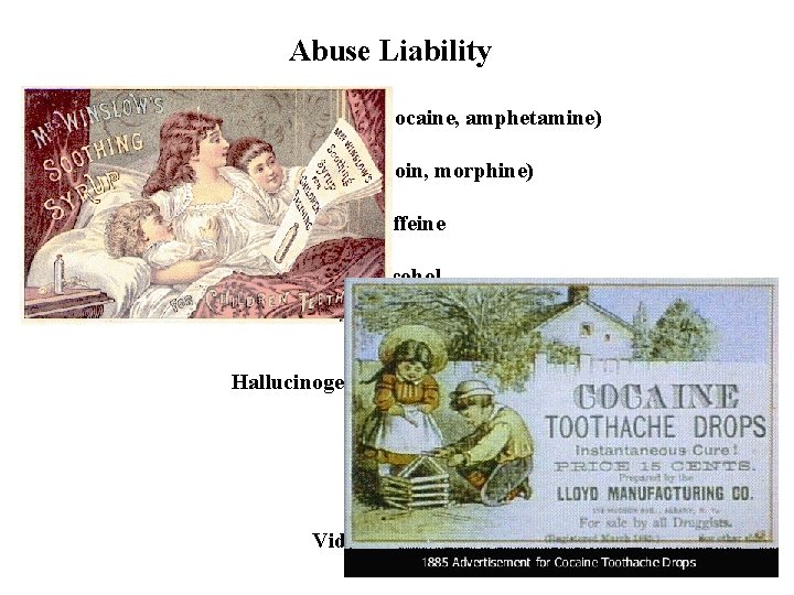 Abuse Liability Psychostimulants (cocaine, amphetamine) Opioids (heroin, morphine) Caffeine Alcohol Nicotine Hallucinogenic drugs (LSD,