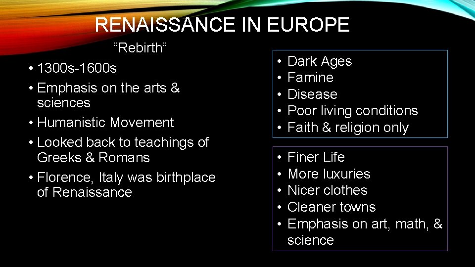 RENAISSANCE IN EUROPE “Rebirth” • 1300 s-1600 s • Emphasis on the arts &