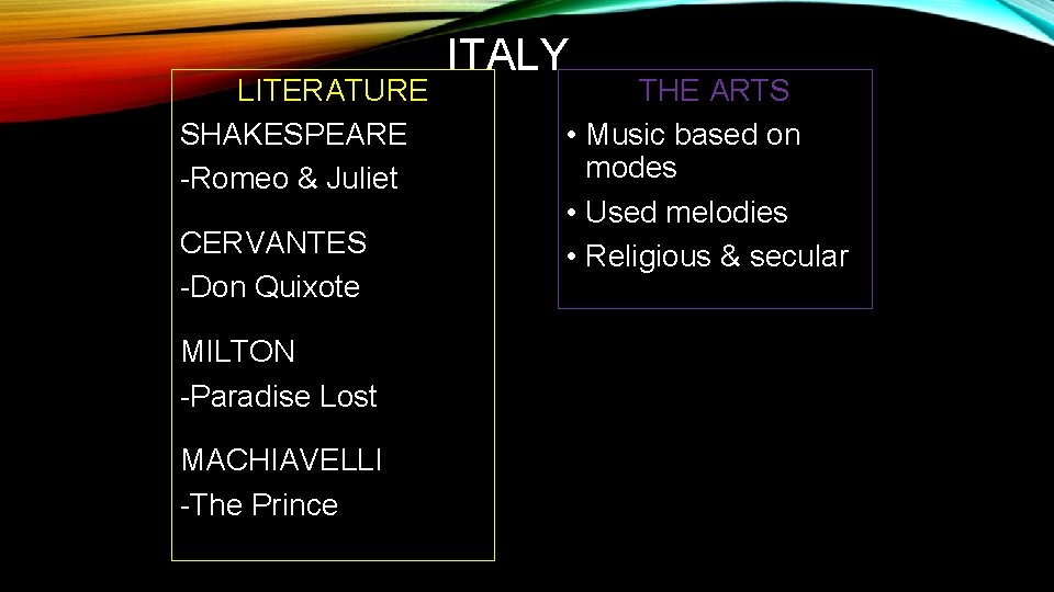 LITERATURE SHAKESPEARE -Romeo & Juliet CERVANTES -Don Quixote MILTON -Paradise Lost MACHIAVELLI -The Prince