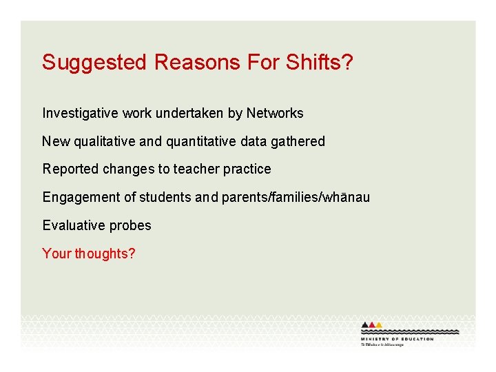 Suggested Reasons For Shifts? Investigative work undertaken by Networks New qualitative and quantitative data