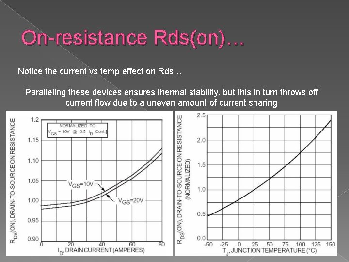 On-resistance Rds(on)… Notice the current vs temp effect on Rds… Paralleling these devices ensures
