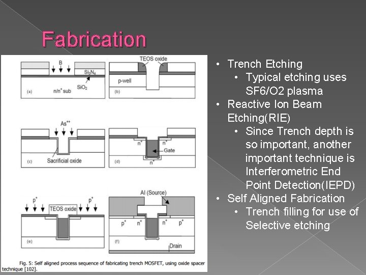 Fabrication • Trench Etching • Typical etching uses SF 6/O 2 plasma • Reactive
