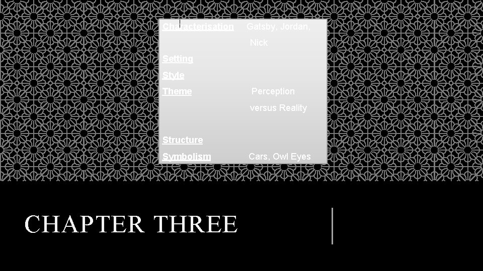 Characterisation Gatsby, Jordan, Nick Setting Style Theme Perception versus Reality Structure Symbolism CHAPTER THREE