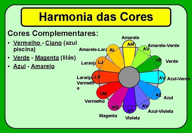 Harmonia das Cores Complementares: • Vermelho - Ciano (azul piscina) • Verde - Magenta