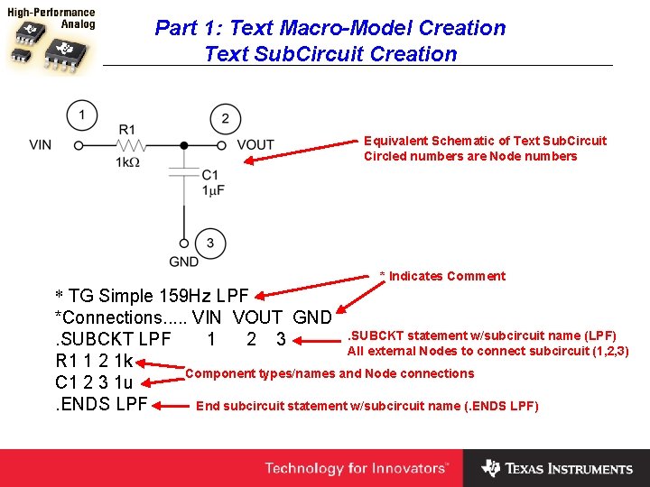 Part 1: Text Macro-Model Creation Text Sub. Circuit Creation Equivalent Schematic of Text Sub.