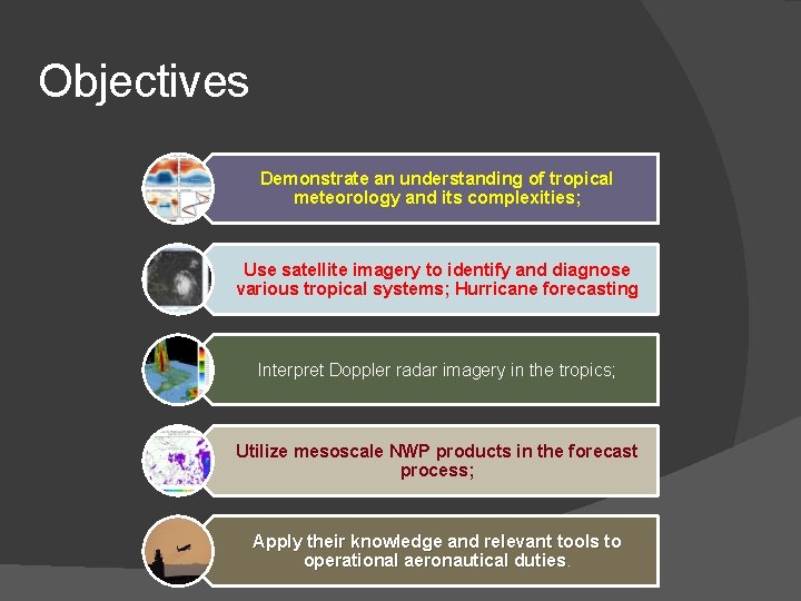 Objectives Demonstrate an understanding of tropical meteorology and its complexities; Use satellite imagery to