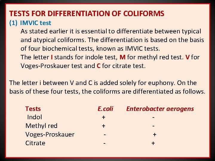 TESTS FOR DIFFERENTIATION OF COLIFORMS (1) IMVIC test As stated earlier it is essential
