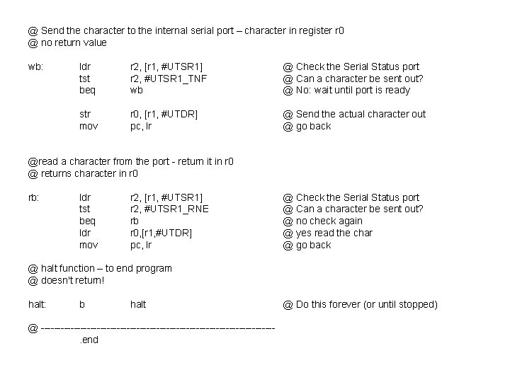 @ Send the character to the internal serial port – character in register r