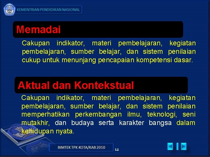 Memadai Cakupan indikator, materi pembelajaran, kegiatan pembelajaran, sumber belajar, dan sistem penilaian cukup untuk