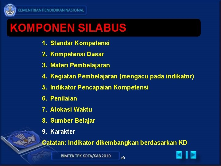 KOMPONEN SILABUS 1. Standar Kompetensi 2. Kompetensi Dasar 3. Materi Pembelajaran 4. Kegiatan Pembelajaran