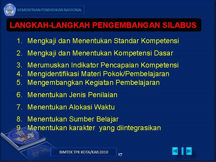 LANGKAH-LANGKAH PENGEMBANGAN SILABUS 1. Mengkaji dan Menentukan Standar Kompetensi 2. Mengkaji dan Menentukan Kompetensi