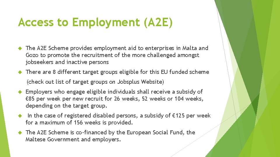 Access to Employment (A 2 E) The A 2 E Scheme provides employment aid