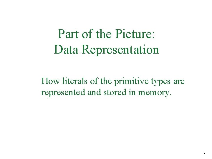 Part of the Picture: Data Representation How literals of the primitive types are represented
